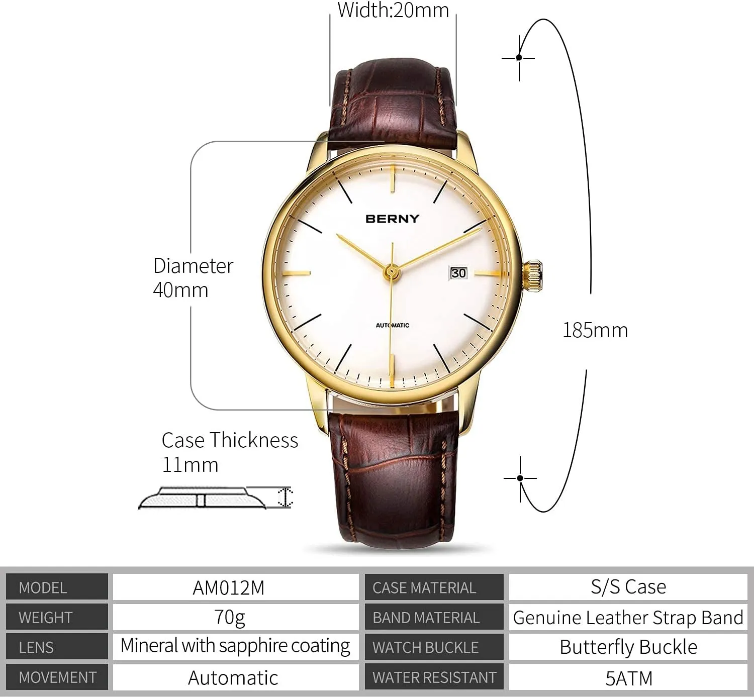 BERNY Watches for Men Ultra Thin Movement Automatic Minimalist Watch Genuine Leather Strap Men's Wrist Watches