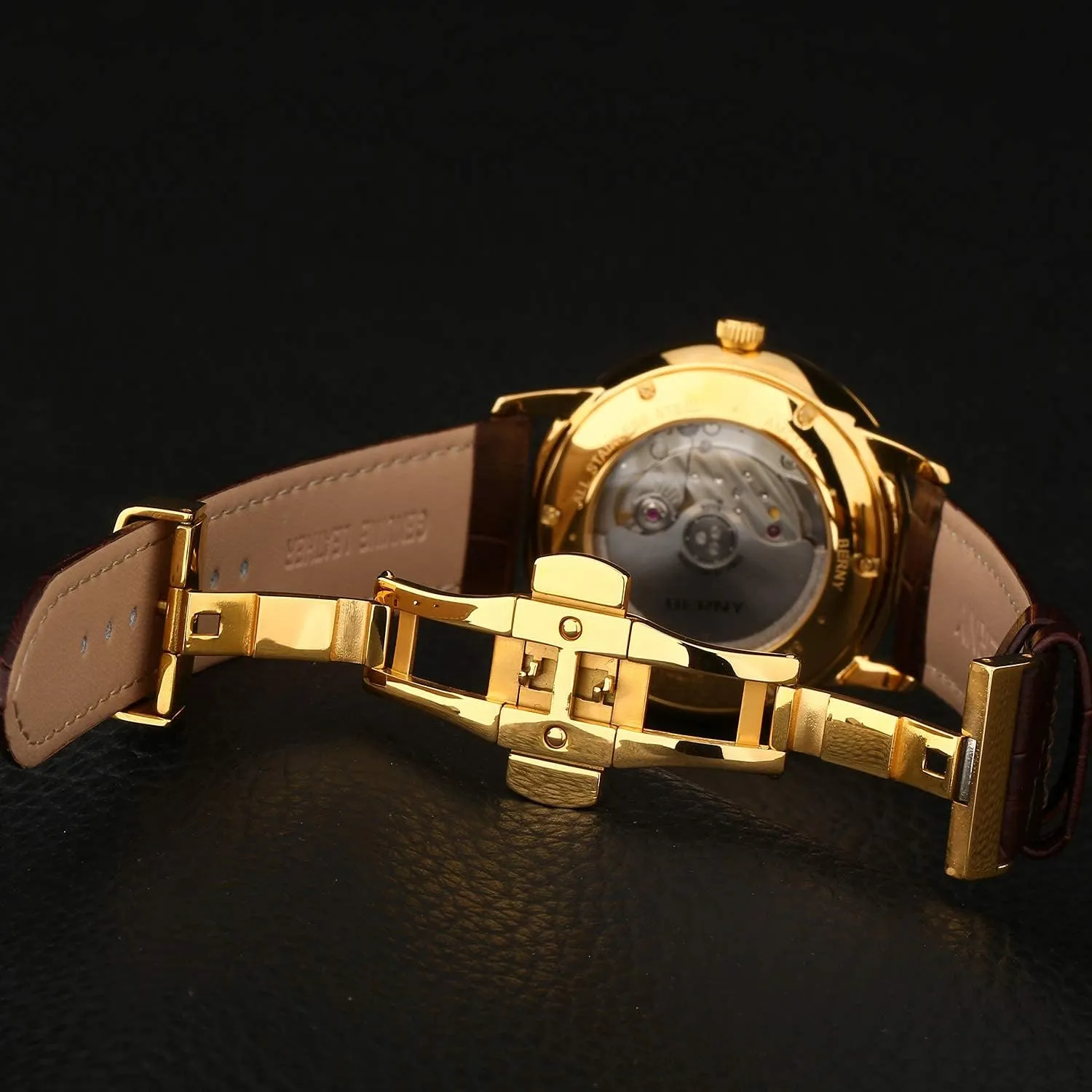 BERNY Watches for Men Ultra Thin Movement Automatic Minimalist Watch Genuine Leather Strap Men's Wrist Watches