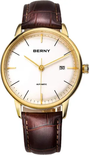 BERNY Watches for Men Ultra Thin Movement Automatic Minimalist Watch Genuine Leather Strap Men's Wrist Watches