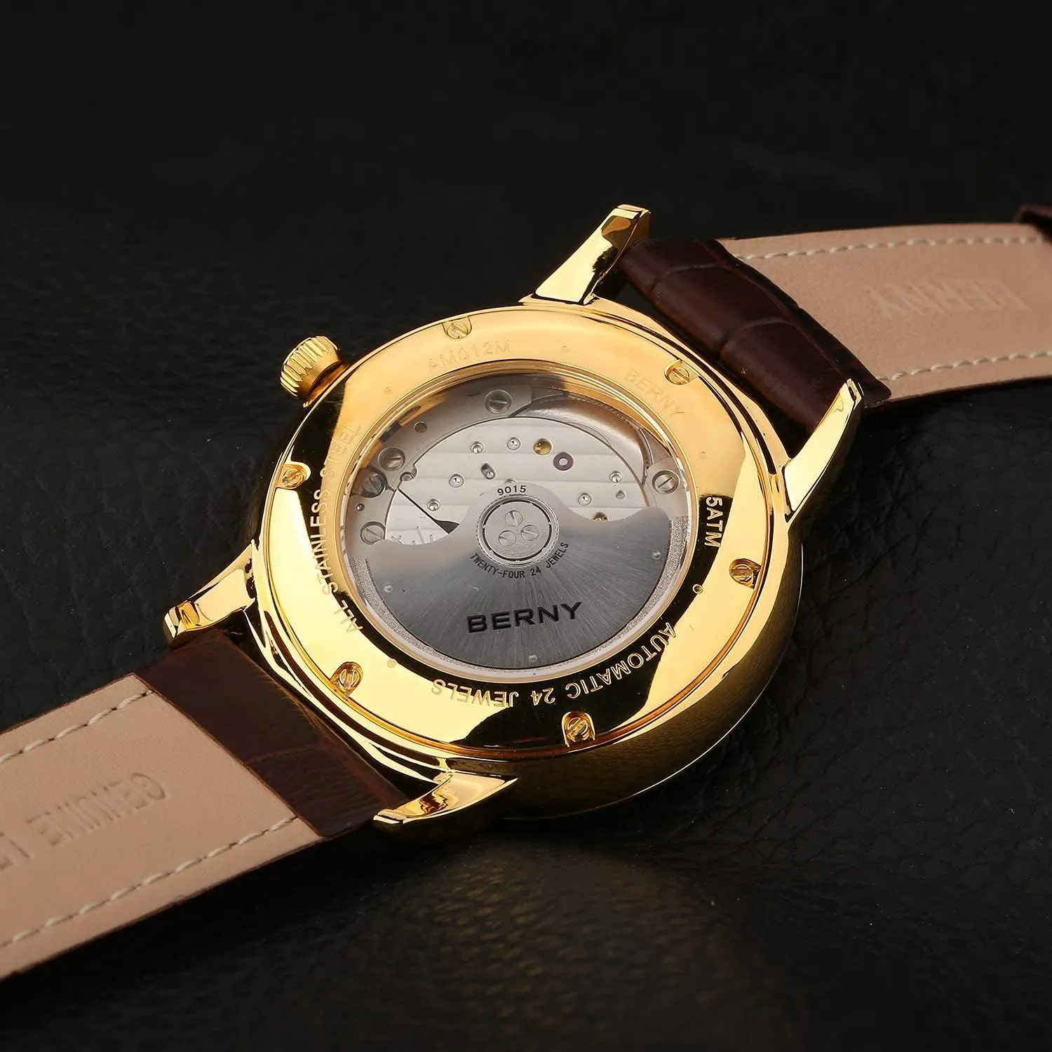 BERNY Watches for Men Ultra Thin Movement Automatic Minimalist Watch Genuine Leather Strap Men's Wrist Watches