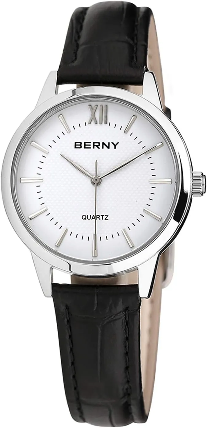BERNY Womens Watch, Classic Simple Vintage Minimalist Business Wristwatch Quartz Analog Ladies Watches Black Leather Band