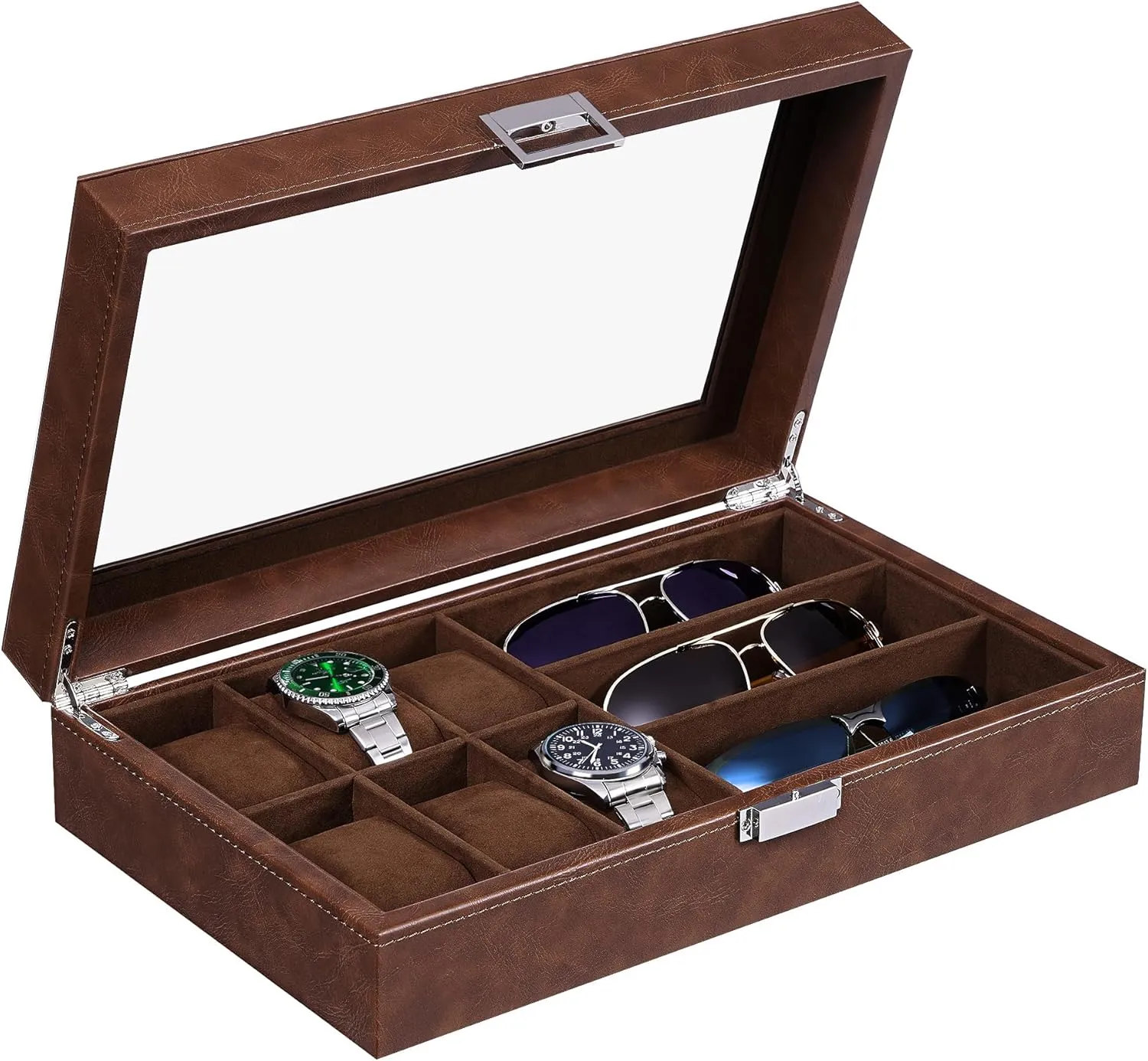 BEWISHOME Watch Box 6 Slot Watch Case, 3 Slot Sunglass Organizer, Watch Cases for Men Watch Storage with Real Glass Top, Faux Leather, Brown SSH18Z