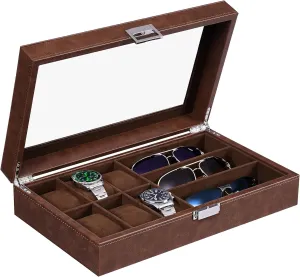 BEWISHOME Watch Box 6 Slot Watch Case, 3 Slot Sunglass Organizer, Watch Cases for Men Watch Storage with Real Glass Top, Faux Leather, Brown SSH18Z