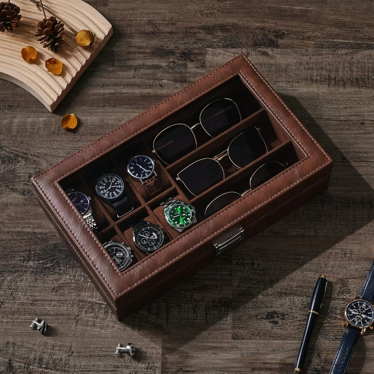 BEWISHOME Watch Box 6 Slot Watch Case, 3 Slot Sunglass Organizer, Watch Cases for Men Watch Storage with Real Glass Top, Faux Leather, Brown SSH18Z