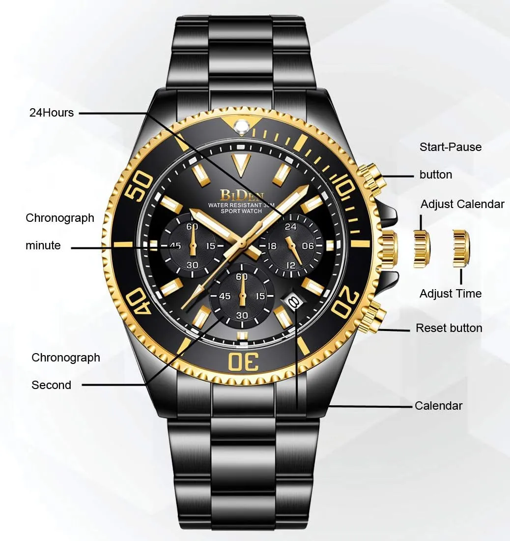 BIDEN Mens Watches Chronograph Stainless Steel Waterproof Date Analog Quartz Watch Business Wrist Watches for Men