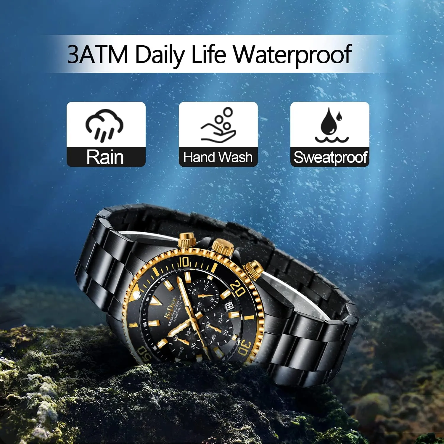 BIDEN Mens Watches Chronograph Stainless Steel Waterproof Date Analog Quartz Watch Business Wrist Watches for Men