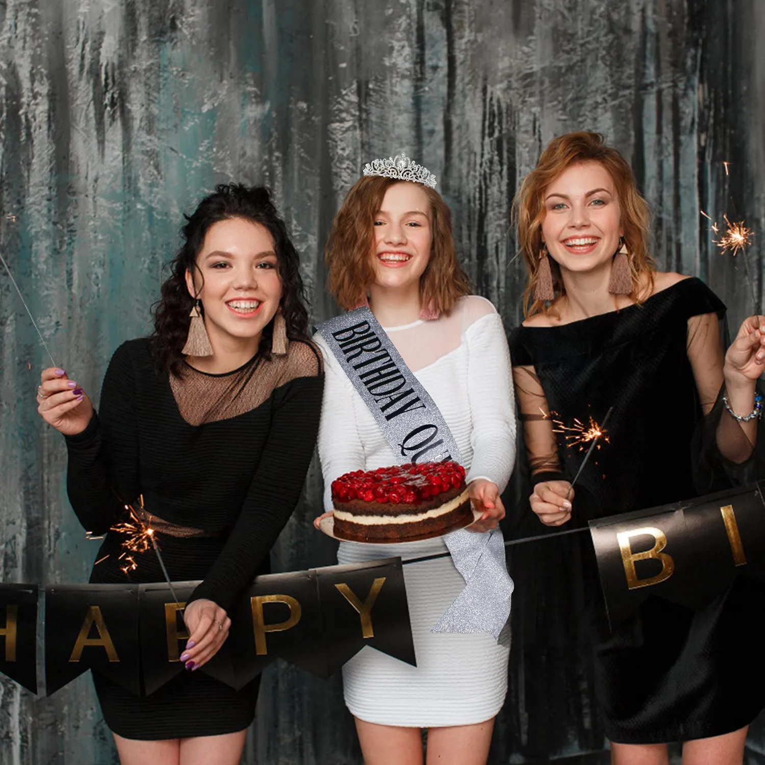Birthday Crown and Sash - Silver Decorations with Crystal Tiara and Queen Sash - Party Favor Gifts for Women and Girls