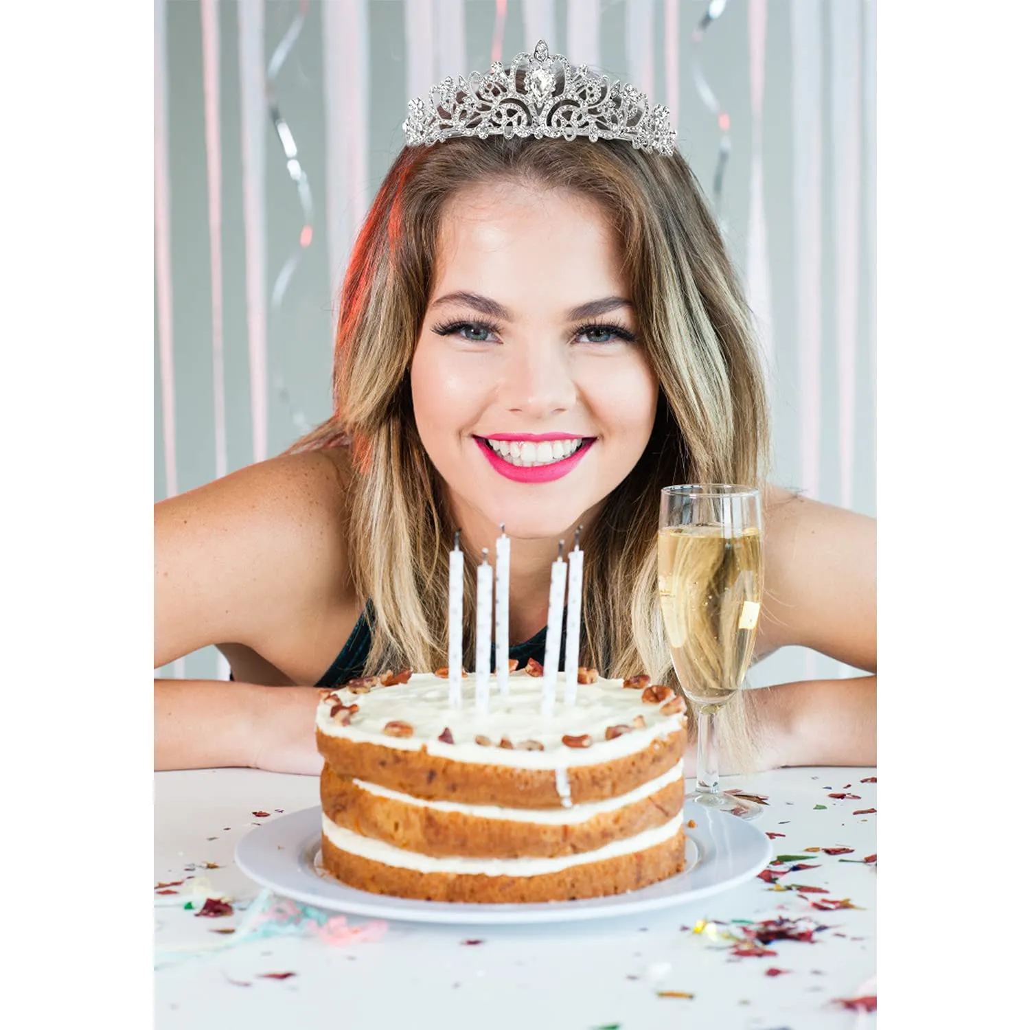 Birthday Crown and Sash - Silver Decorations with Crystal Tiara and Queen Sash - Party Favor Gifts for Women and Girls