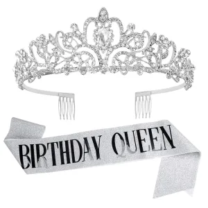 Birthday Crown and Sash - Silver Decorations with Crystal Tiara and Queen Sash - Party Favor Gifts for Women and Girls