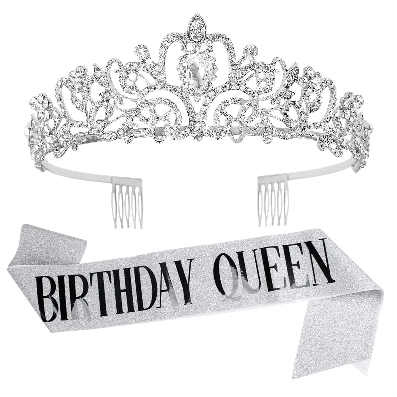Birthday Crown and Sash - Silver Decorations with Crystal Tiara and Queen Sash - Party Favor Gifts for Women and Girls
