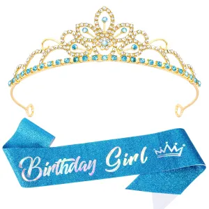 Birthday Crown Birthday Girl Sash Crystal Tiaras and Crowns for Women Girls Rhinestone Tiara Queen Crown Happy Birthday Headband Princess Birthday Party Decorations (Blue)