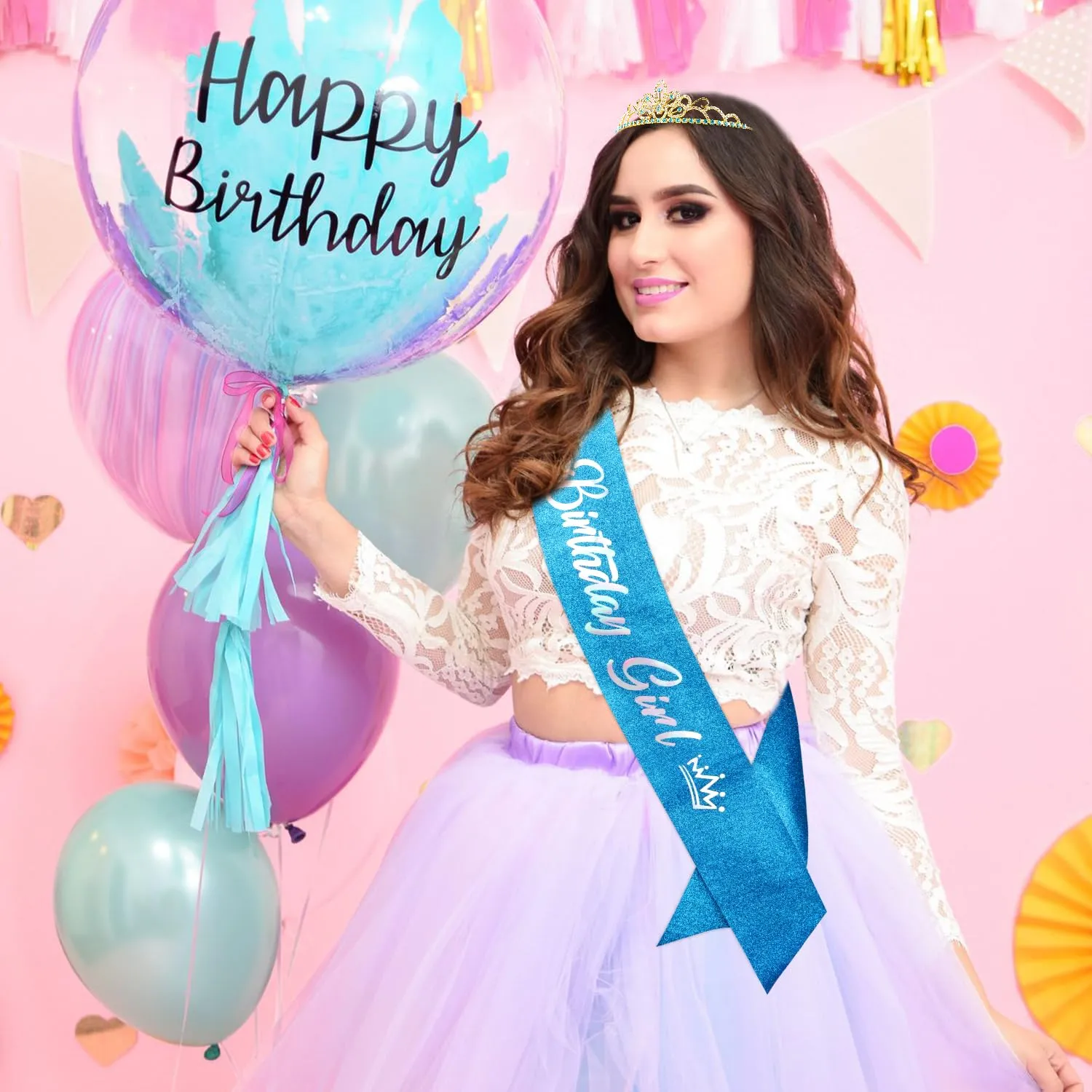 Birthday Crown Birthday Girl Sash Crystal Tiaras and Crowns for Women Girls Rhinestone Tiara Queen Crown Happy Birthday Headband Princess Birthday Party Decorations (Blue)