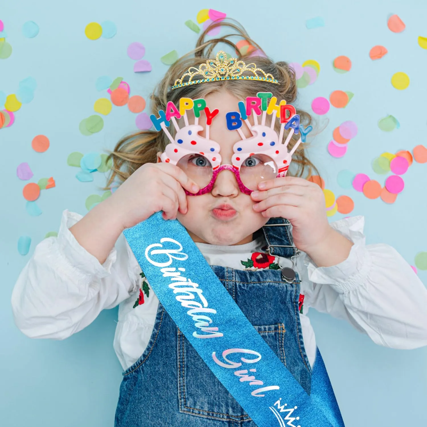 Birthday Crown Birthday Girl Sash Crystal Tiaras and Crowns for Women Girls Rhinestone Tiara Queen Crown Happy Birthday Headband Princess Birthday Party Decorations (Blue)