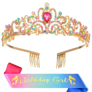 Birthday Crowns for Women Queen Crystal Tiara Sash Set Rhinestone Hair Headband Happy Party Decorations Accessories Princess Girls Gifts Outfit Kits Colorful