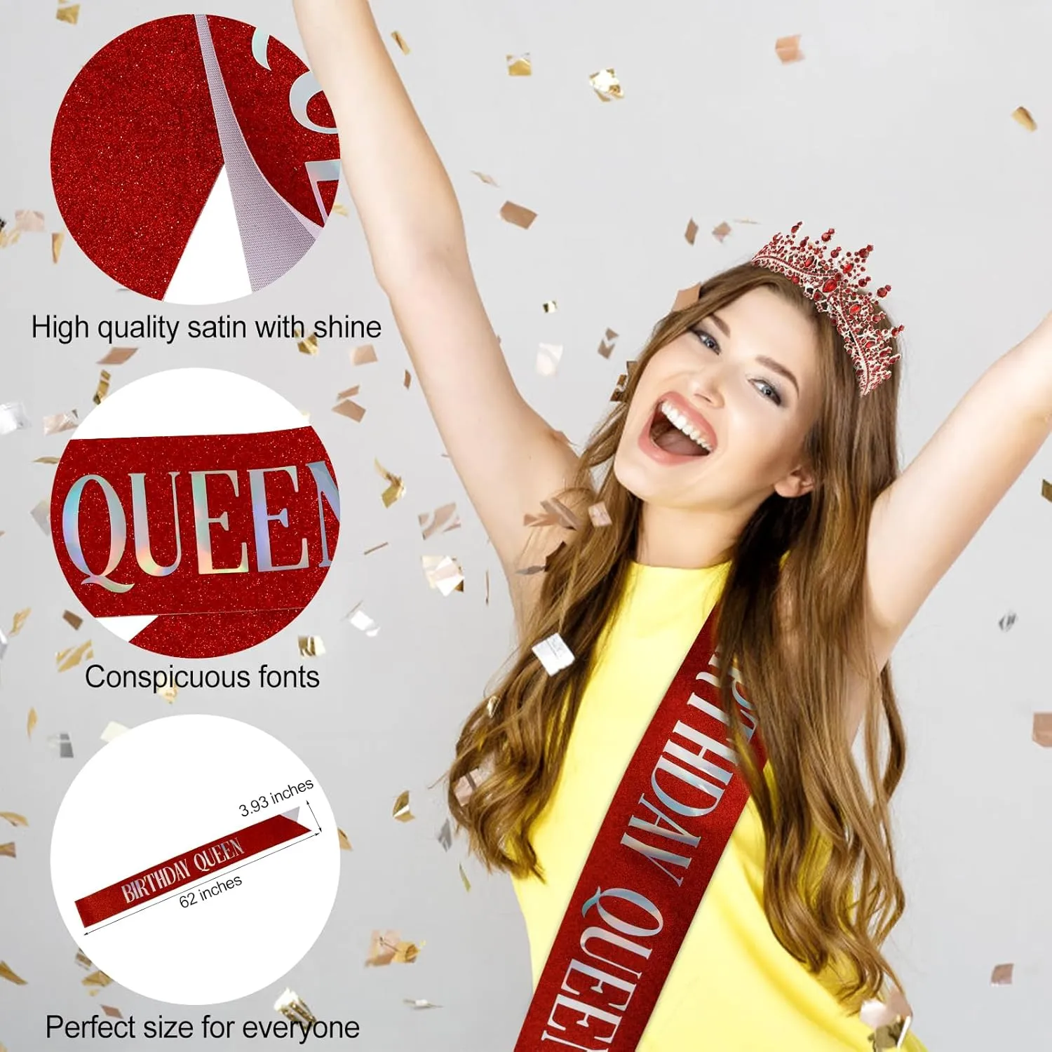 Birthday Queen Sash & Rhinestone Tiara Red Sliver Crown Birthday Sash and Tiara for Women Girls Princess Tiara Crown Birthday Accessories Headband and Sash for Girls