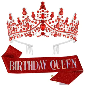 Birthday Queen Sash & Rhinestone Tiara Red Sliver Crown Birthday Sash and Tiara for Women Girls Princess Tiara Crown Birthday Accessories Headband and Sash for Girls