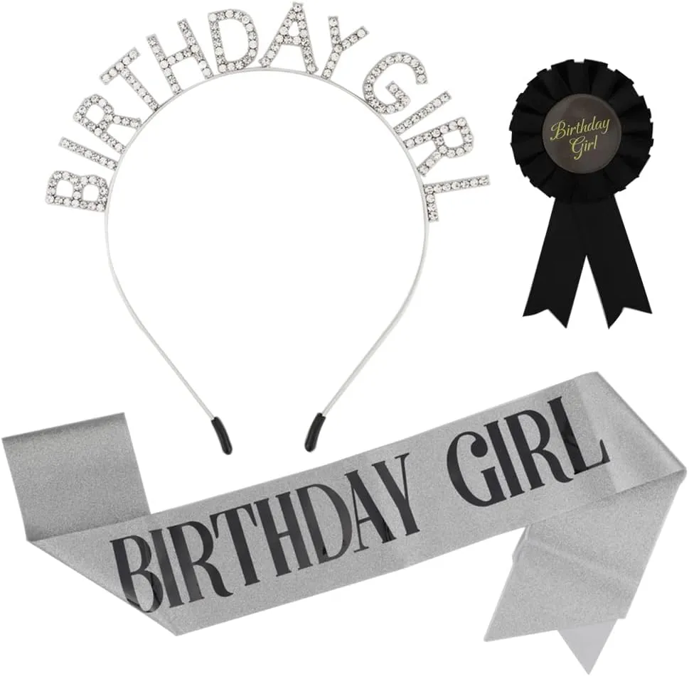 Birthday Sash, Tiara, Crown, Headband, and Pins - Silver Princess Decoration Supplies Gift Set for Women and Girls