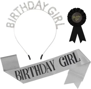 Birthday Sash, Tiara, Crown, Headband, and Pins - Silver Princess Decoration Supplies Gift Set for Women and Girls
