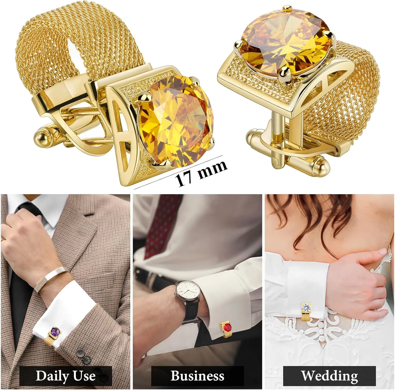 Birthstone Gold Tone Cufflinks for Men with Chain Shirt cuff links Wedding Business Birthday Christmas Gifts for Men
