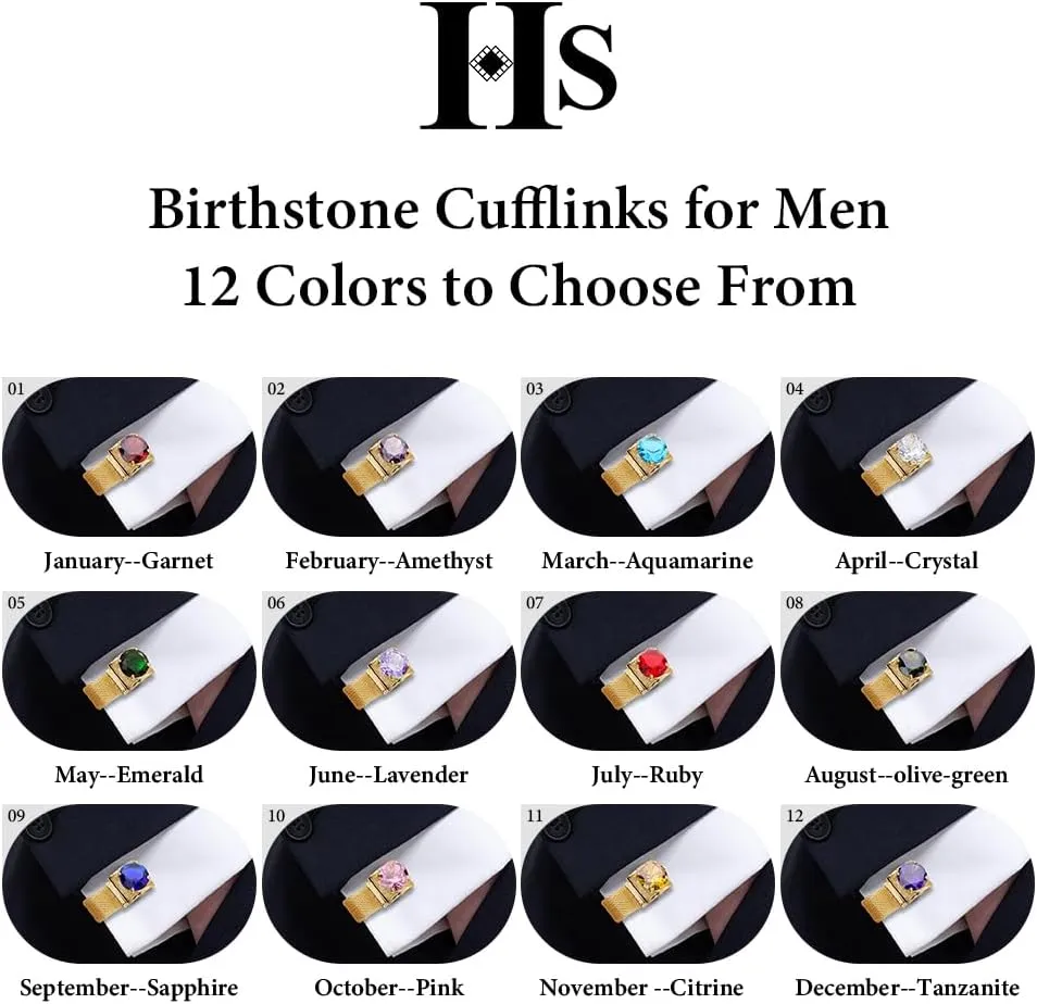 Birthstone Gold Tone Cufflinks for Men with Chain Shirt cuff links Wedding Business Birthday Christmas Gifts for Men
