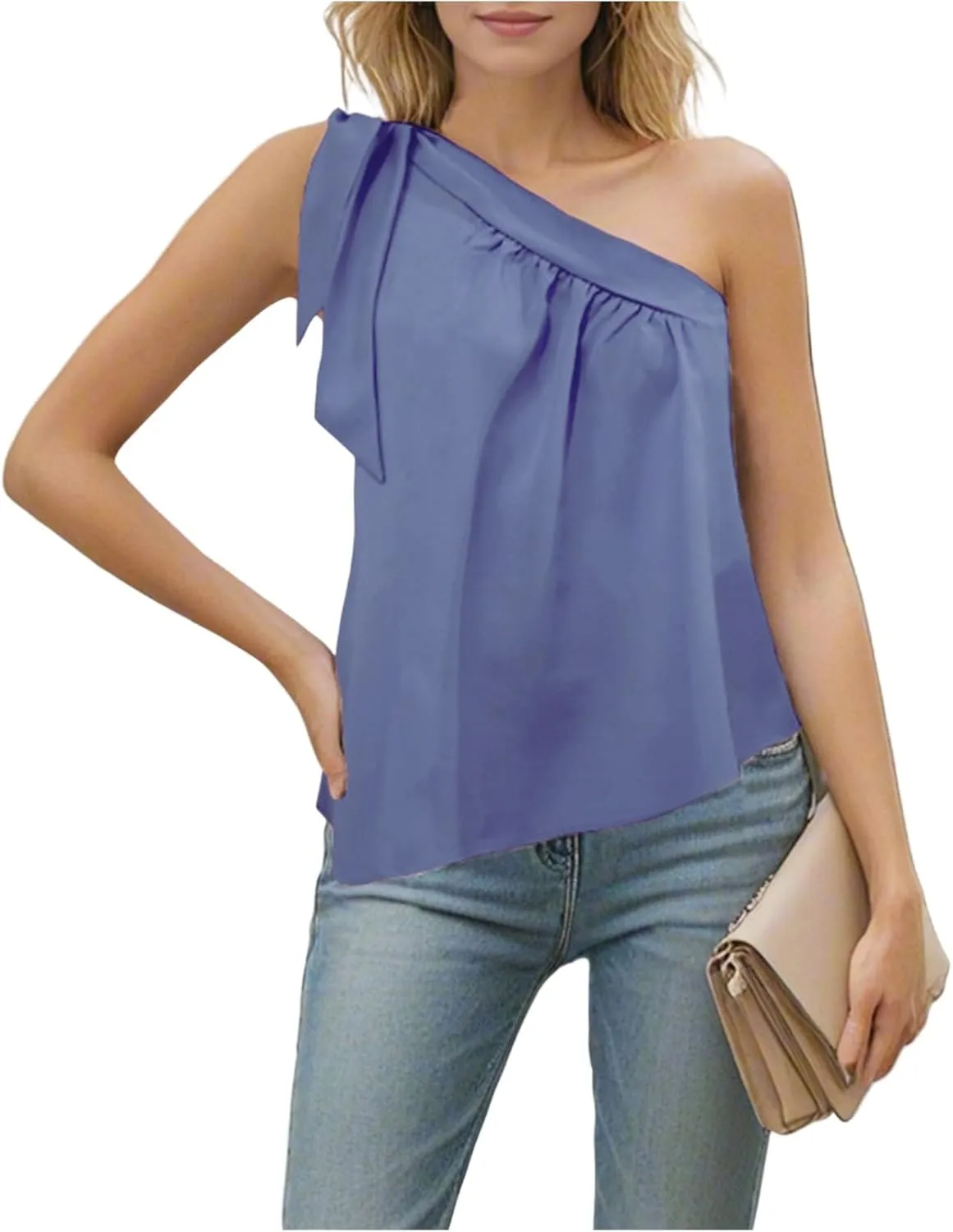 Blouses for Women Dressy Casual 2025 One Shoulder Tops Fashion Sexy Loose Self Tie Bow Knot Shirt Sleeveless Tunics Blouse