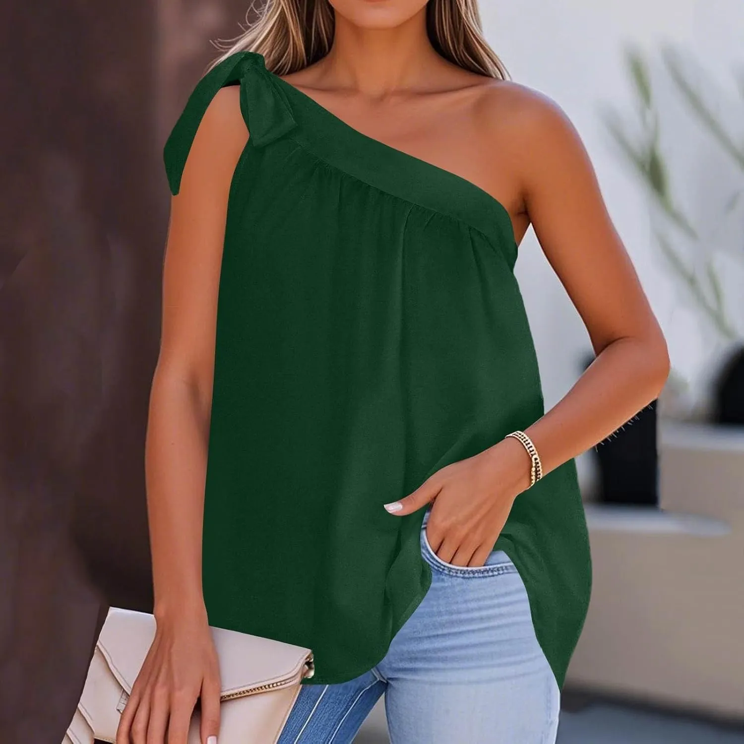 Blouses for Women Dressy Casual 2025 One Shoulder Tops Fashion Sexy Loose Self Tie Bow Knot Shirt Sleeveless Tunics Blouse
