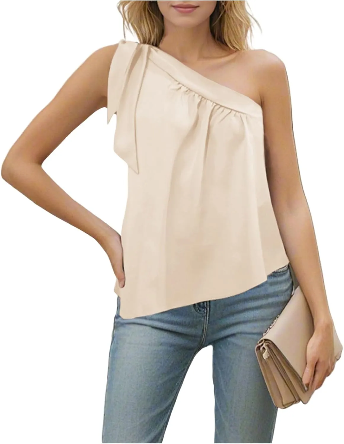 Blouses for Women Dressy Casual 2025 One Shoulder Tops Fashion Sexy Loose Self Tie Bow Knot Shirt Sleeveless Tunics Blouse