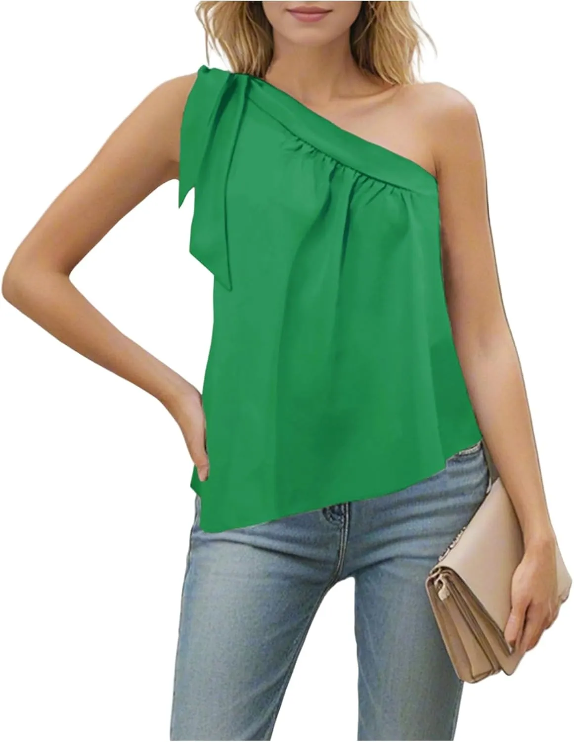 Blouses for Women Dressy Casual 2025 One Shoulder Tops Fashion Sexy Loose Self Tie Bow Knot Shirt Sleeveless Tunics Blouse
