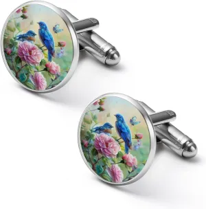 Blue Birds Flowers Garden Mens Classic Cufflinks Business Wedding Dress Shirts Cuff Links for Banquet Ceremony