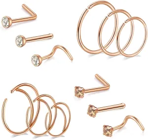BodyAce 12pcs 20g Gold Nose Ring Hoop Nose Studs for Men Women Nose Piercing Jewelry Diamond Septum Ring Nose Bones/L Shaped/Nose Screw Sets Stainless Steel Nostril Studs