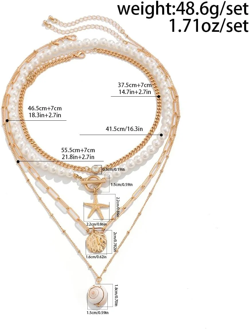 Bohemian Layered Shell Starfish Pearl Pendant Necklace Set Baroque Pearl Surfer Heishi Beaded Choker Summer Beach Jewelry Multilayered Statement Necklaces for omen