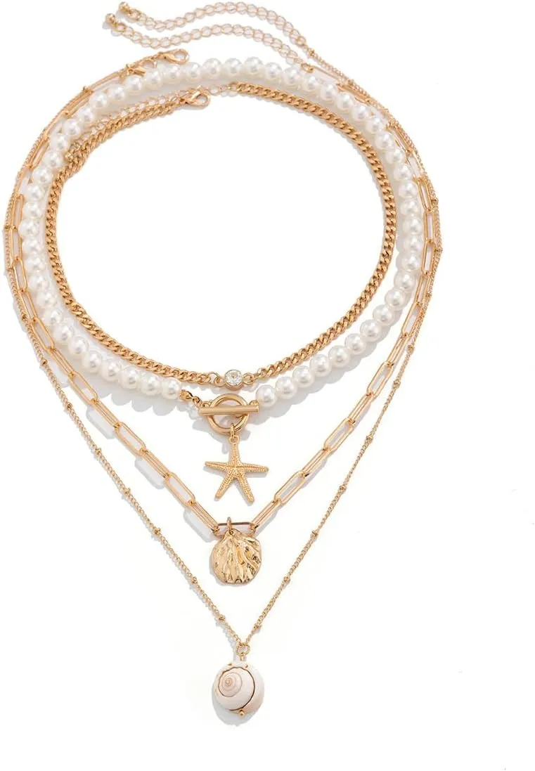 Bohemian Layered Shell Starfish Pearl Pendant Necklace Set Baroque Pearl Surfer Heishi Beaded Choker Summer Beach Jewelry Multilayered Statement Necklaces for omen