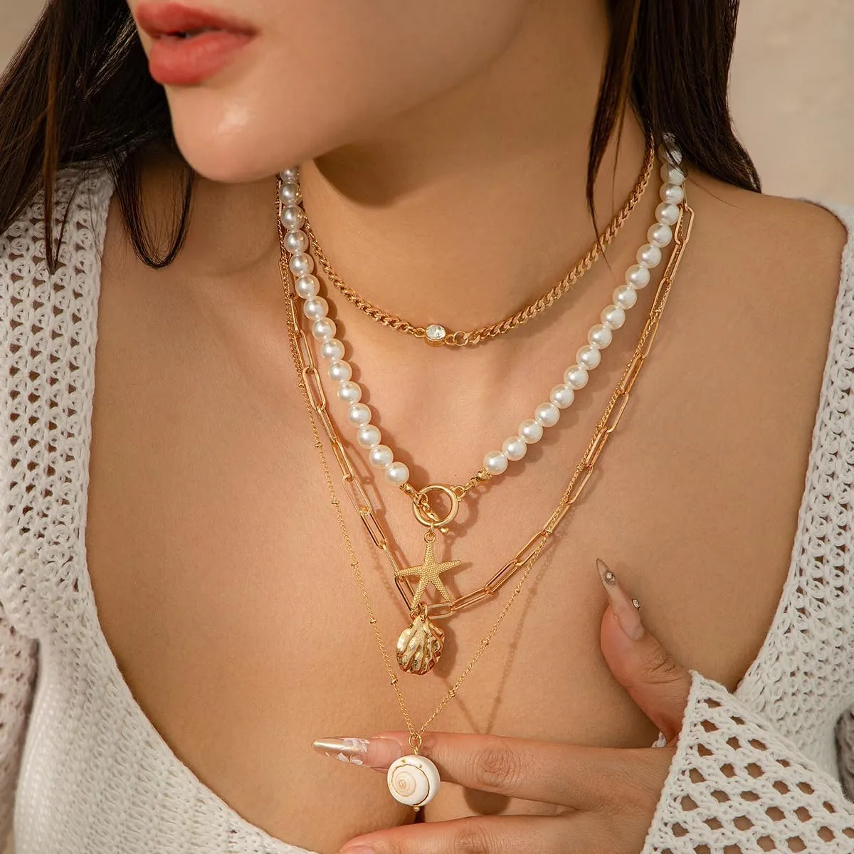 Bohemian Layered Shell Starfish Pearl Pendant Necklace Set Baroque Pearl Surfer Heishi Beaded Choker Summer Beach Jewelry Multilayered Statement Necklaces for omen