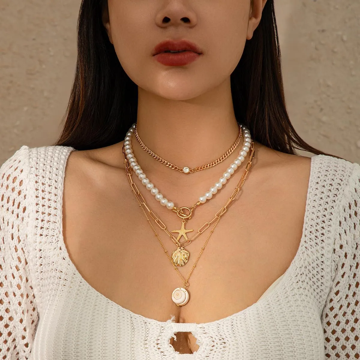 Bohemian Layered Shell Starfish Pearl Pendant Necklace Set Baroque Pearl Surfer Heishi Beaded Choker Summer Beach Jewelry Multilayered Statement Necklaces for omen