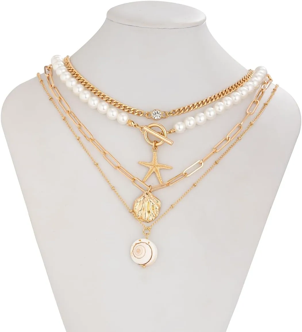 Bohemian Layered Shell Starfish Pearl Pendant Necklace Set Baroque Pearl Surfer Heishi Beaded Choker Summer Beach Jewelry Multilayered Statement Necklaces for omen