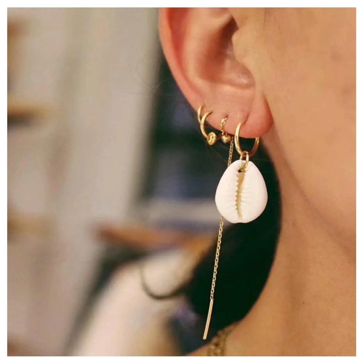Bohemian Shell Dangle Earrings Seashell Hoop Earrings Gold Shell Drop Earrings Ocean Shell Earrings Long Chain Drop Earrings Set Jewelry for Women and Girls