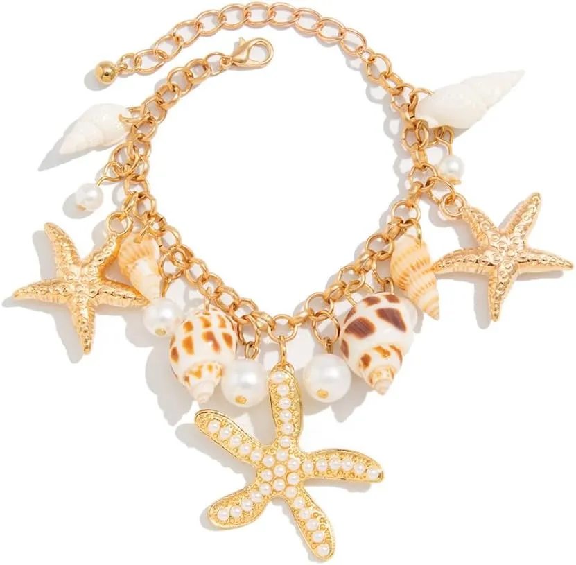 Bohemian Shell Starfish Conch Necklace Bracelet Beach Ocean Pearl Pendant Necklaces Exaggerate Choker Double Layers Dangle Charm Link Chain for Women Jewelry Adjustable