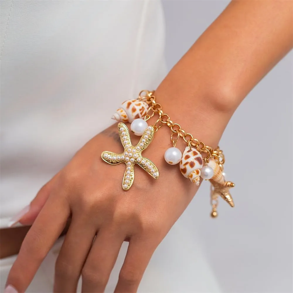 Bohemian Shell Starfish Conch Necklace Bracelet Beach Ocean Pearl Pendant Necklaces Exaggerate Choker Double Layers Dangle Charm Link Chain for Women Jewelry Adjustable