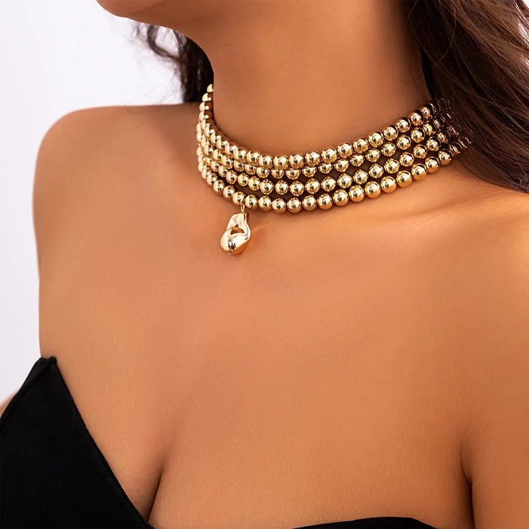 Boho Gold Multilayer 1920s Necklace for Women Chunky Layered Beads Choker Necklaces Dainty Adjustable Handmade Beaded Pendant Necklaces Jewelry Gifts