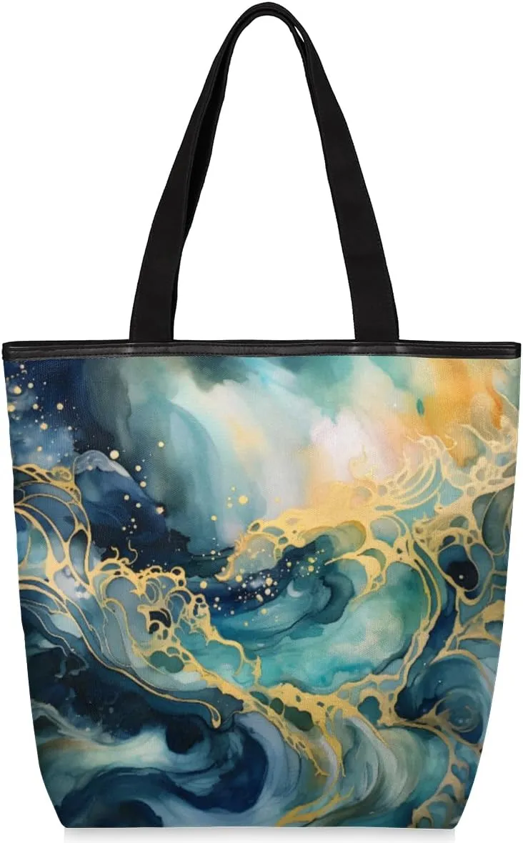 Boho Marble Canvas Tote Bag for Women Large Tote Bag with Zipper & Pockets Canvas Beach Bag Shoulder Bag Reusable Shopping Bags Cute Tote Bags for Work Travel
