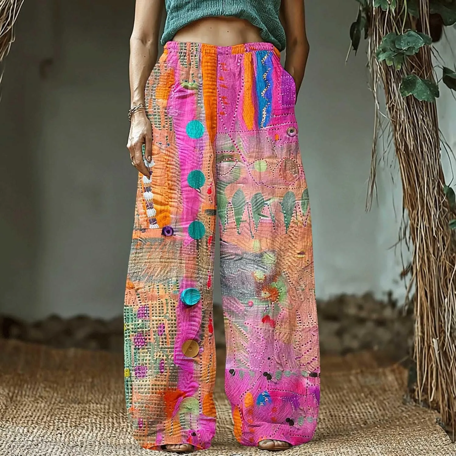 Boho Pants for Women 2025 High Waisted Baggy Lounge Pants Vintage Wide Leg Beach Pant