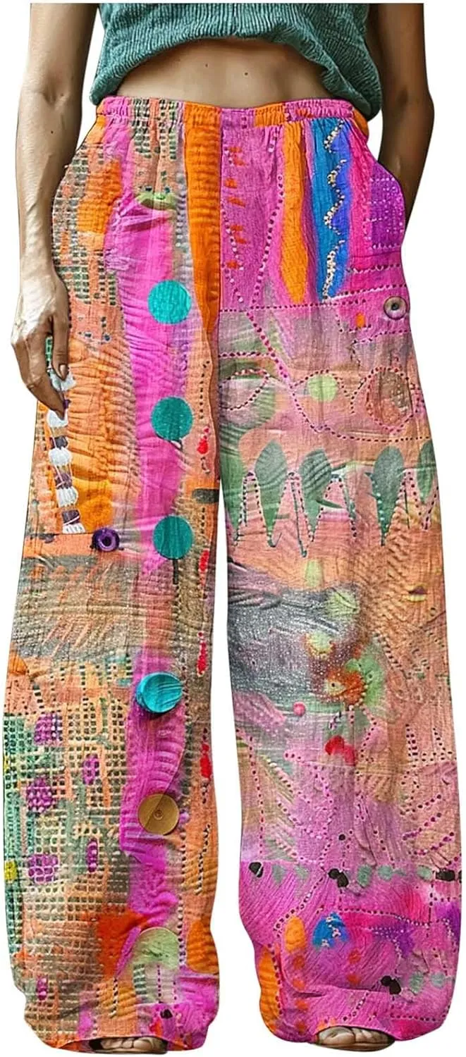 Boho Pants for Women 2025 High Waisted Baggy Lounge Pants Vintage Wide Leg Beach Pant