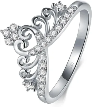 BoRuo Princess Crown Tiara Wedding CZ Band - Premium Crown Rings For Women - Cubic Zirconia Ring - Sterling Silver Rings - Rings For Women With Platinum Plating Over Sterling Silver - 2mm 925 Silver Ring With Eco Friendly Bag Size 4-12