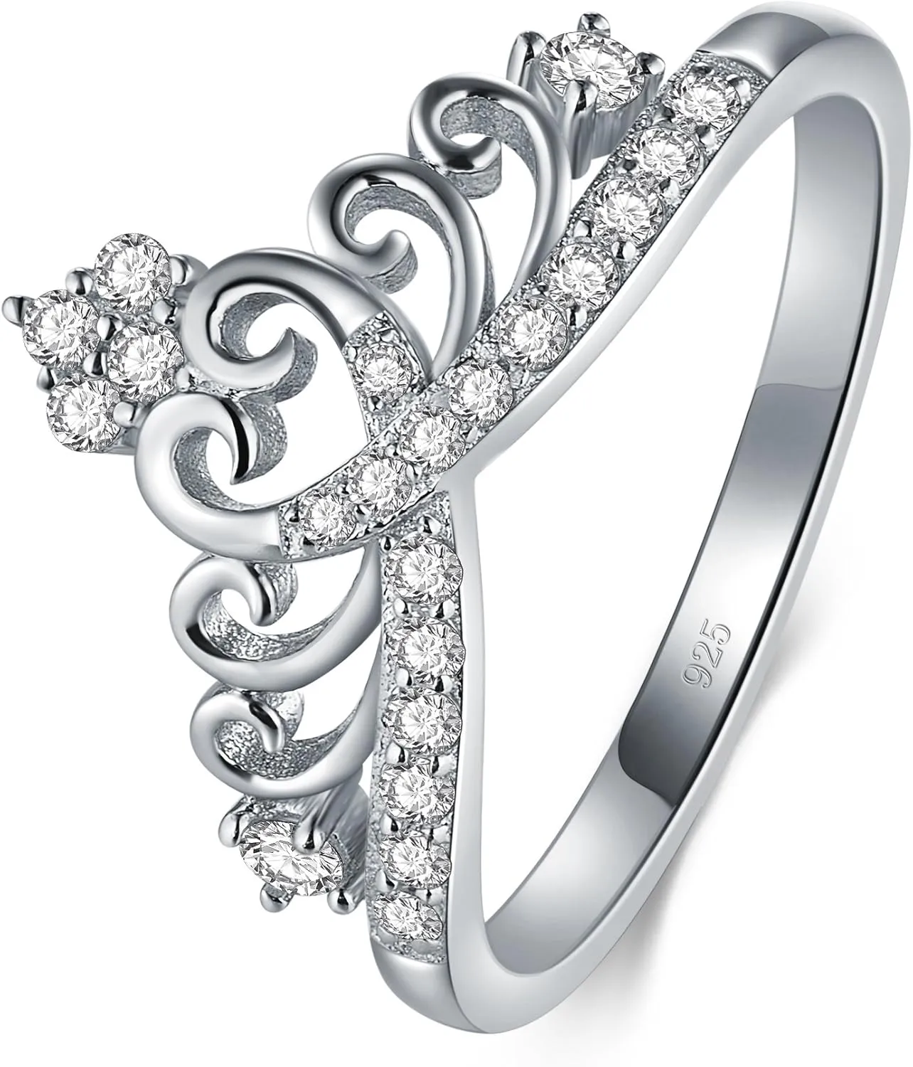 BoRuo Princess Crown Tiara Wedding CZ Band - Premium Crown Rings For Women - Cubic Zirconia Ring - Sterling Silver Rings - Rings For Women With Platinum Plating Over Sterling Silver - 2mm 925 Silver Ring With Eco Friendly Bag Size 4-12