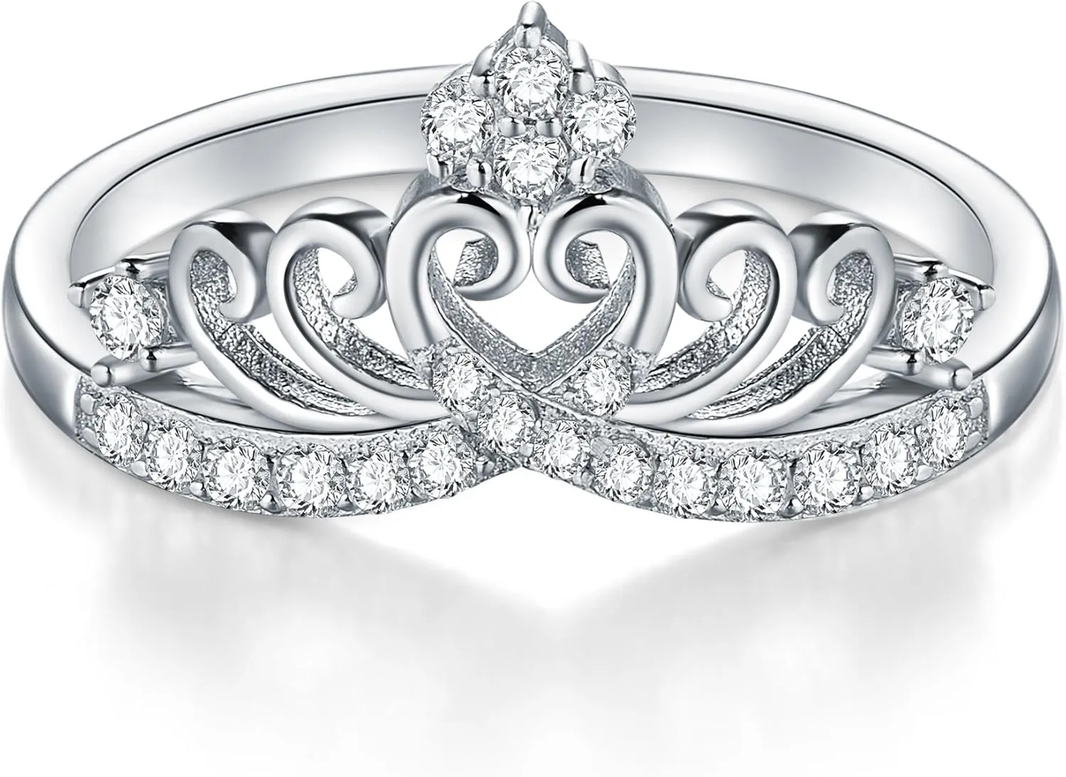 BoRuo Princess Crown Tiara Wedding CZ Band - Premium Crown Rings For Women - Cubic Zirconia Ring - Sterling Silver Rings - Rings For Women With Platinum Plating Over Sterling Silver - 2mm 925 Silver Ring With Eco Friendly Bag Size 4-12