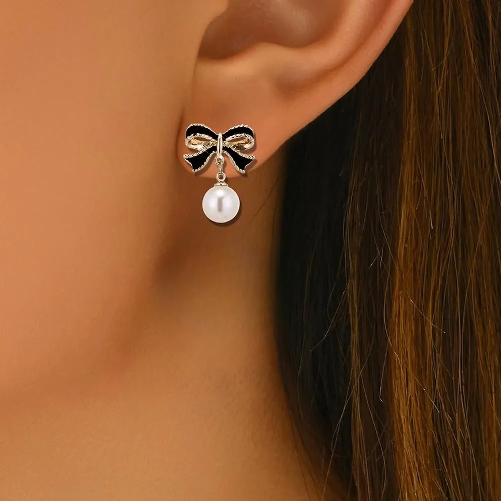 Bow Earrings for Women Pearl Bow Earrings Pink Bow Dorp Dangle Earrings Trendy Bowknot Ribbon Earrings Christmas Earrings Party Daily Jewelry Accessory Xmas Holiday Jewelry
