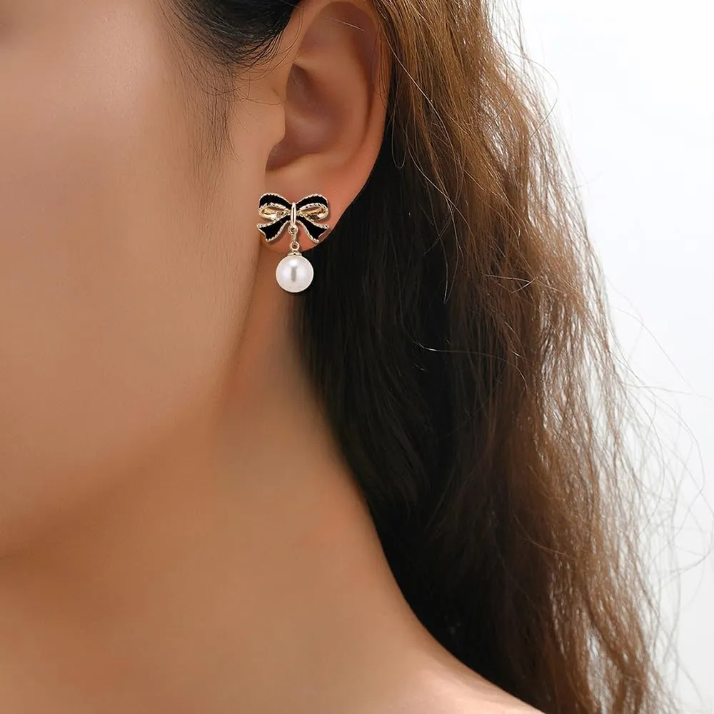 Bow Earrings for Women Pearl Bow Earrings Pink Bow Dorp Dangle Earrings Trendy Bowknot Ribbon Earrings Christmas Earrings Party Daily Jewelry Accessory Xmas Holiday Jewelry