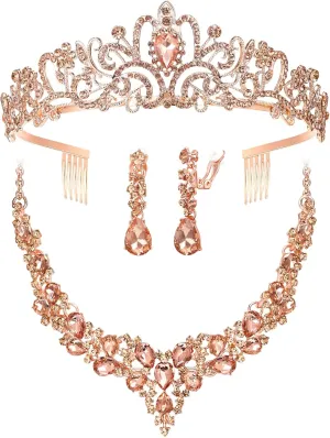 BriLove Alloy Crystal Teardrop Cluster Statement Necklace Clip-on Earrings Tiara Set