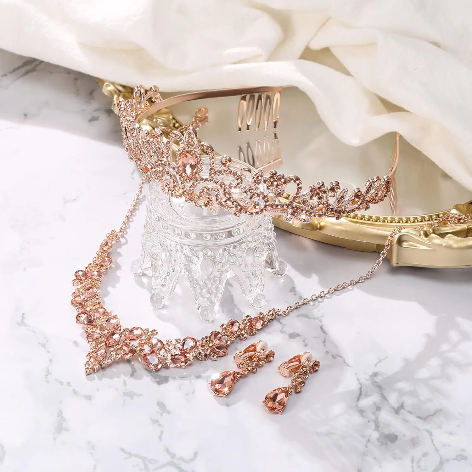 BriLove Alloy Crystal Teardrop Cluster Statement Necklace Clip-on Earrings Tiara Set