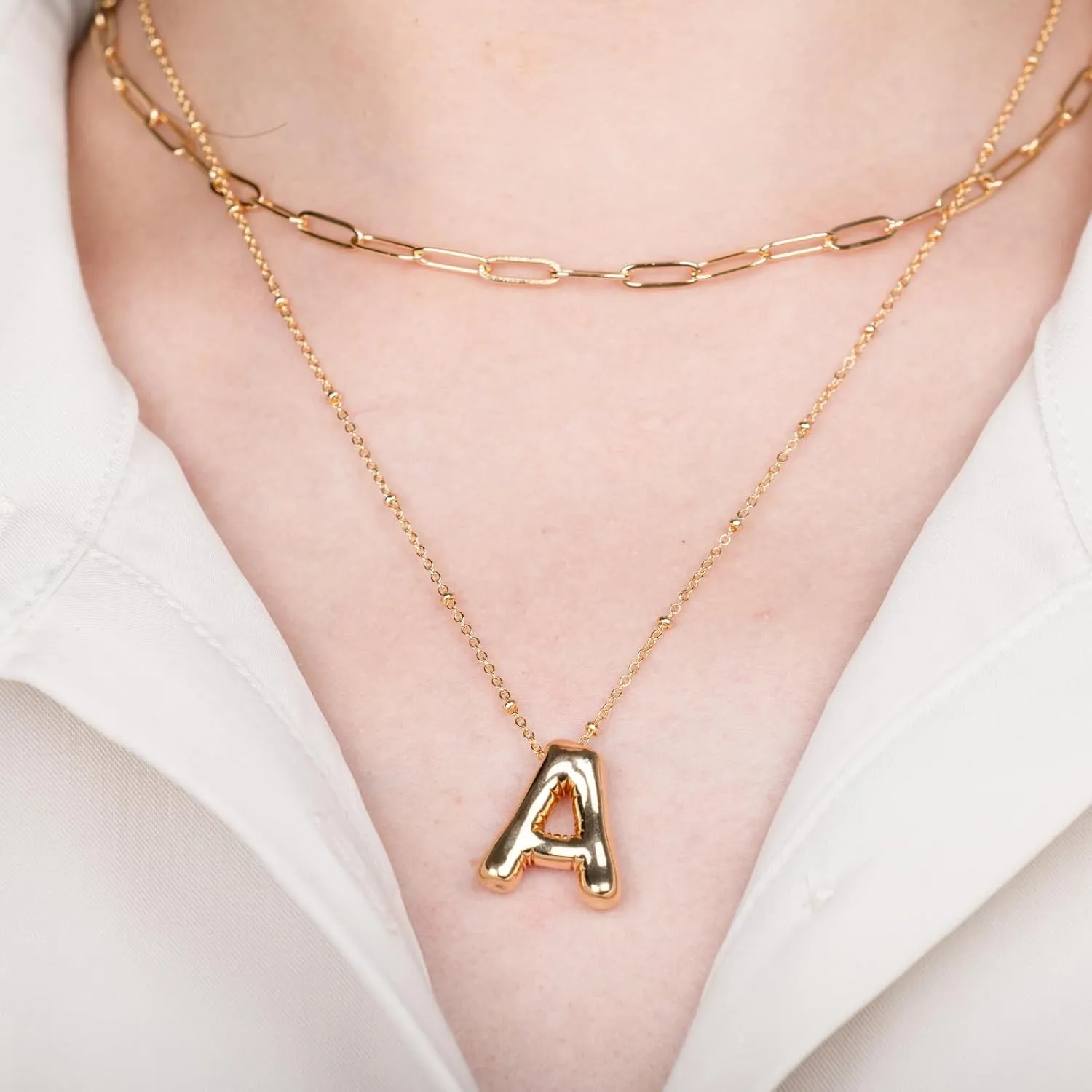 Bubble Letter Necklace Gold Layered Initial Necklaces for Women Choker Paperclip Chain Necklace 18K Gold Plated Jewelry Sets